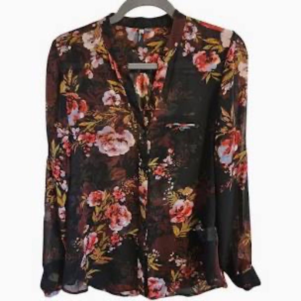 Kut From The Kloth Sheer Black Floral Button Down Blouse Sz M